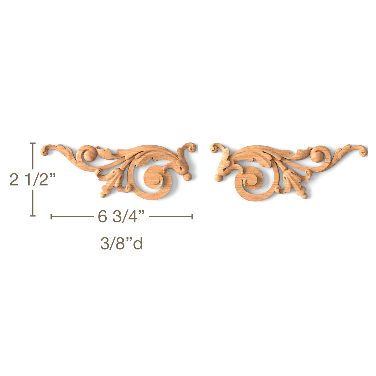 Acanthus Bellflower Scrolls, Left & Right Pair, 6 3/4"w x 2 1/2"h x 3/8"d
