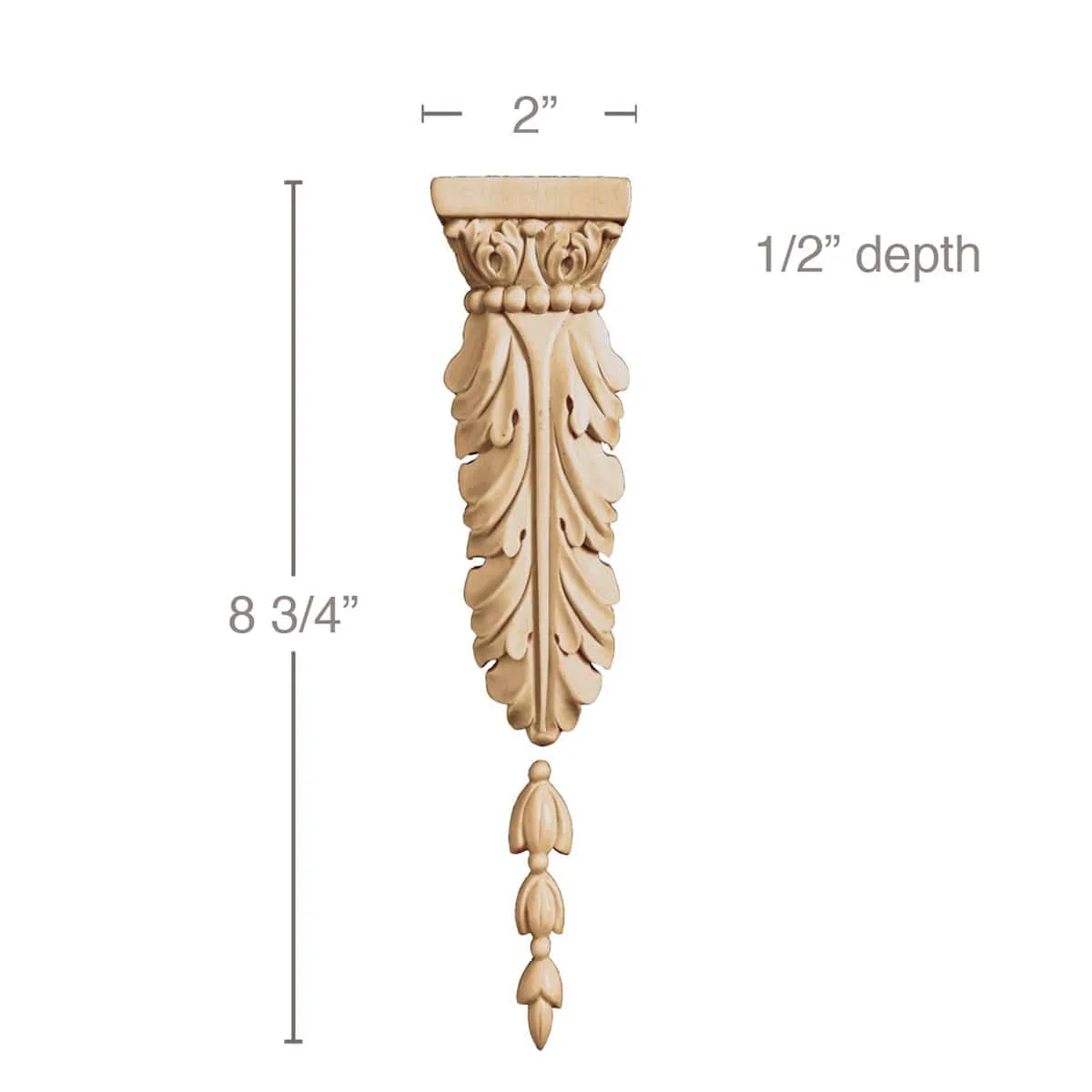 Acanthus Drop (2 pieces), Sold 2 sets per card, 2"w x 8 3/4"h x 1/2"d