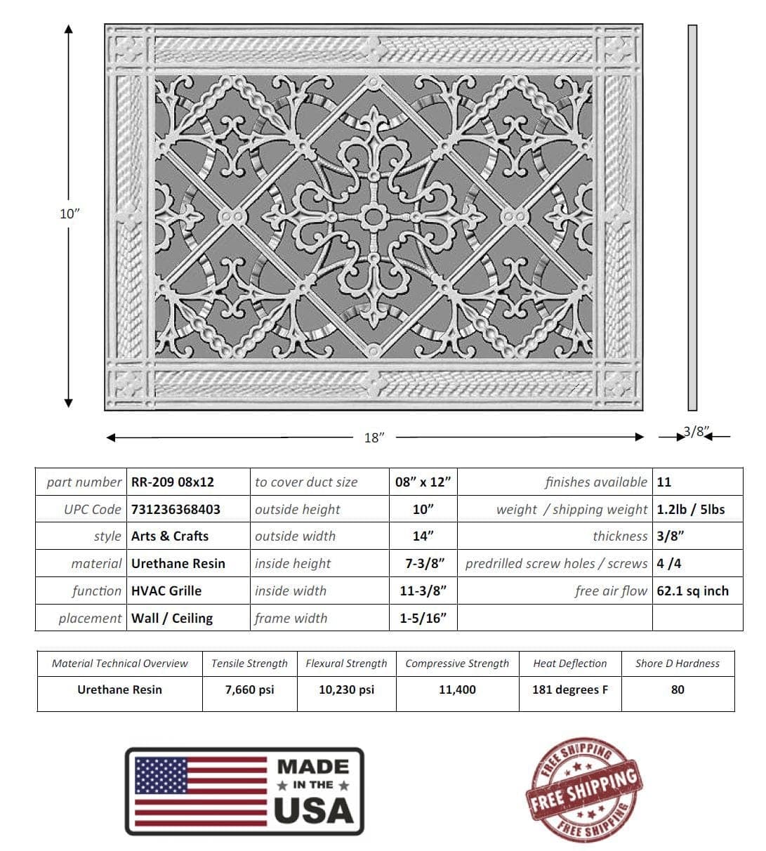 Arts and Crafts Grille for Duct Size of 8"- Please allow 1-2 weeks. - Image 3