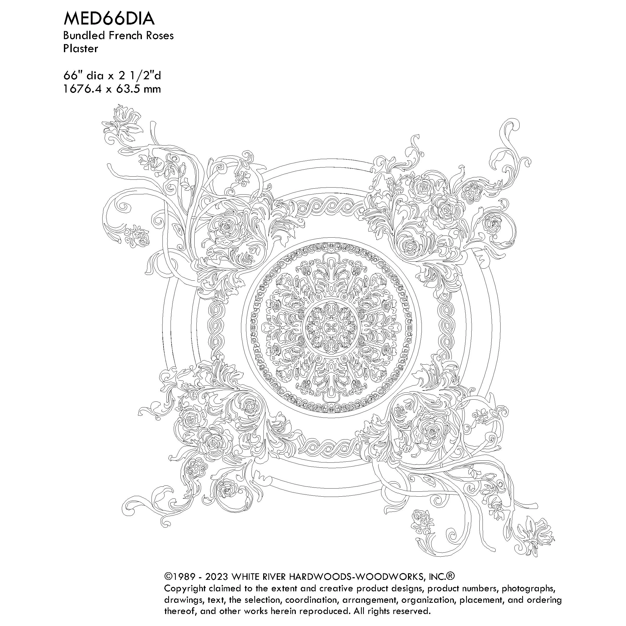 Bundled French Roses Medallion, 66'' dia x 2.5"d, 5 pieces, 5 3/4'' center hole, Plaster - Image 3