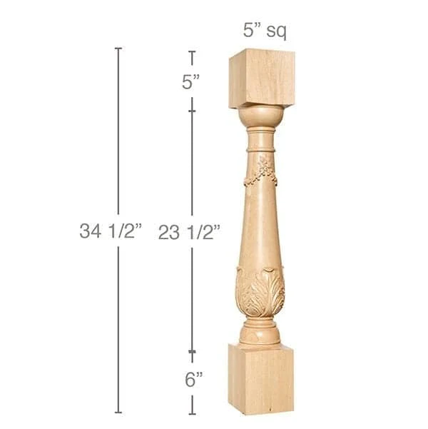 Carved Acanthus Column, 5"sq. x 34 1/2"h