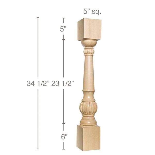 Carved Fluted Column, 5"sq. x 34 1/2"h