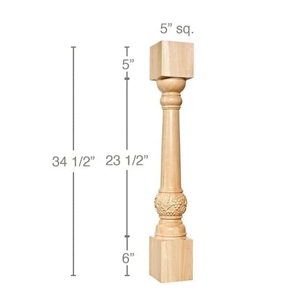 Carved Vineyard Column, 5"sq. x 34 1/2"h
