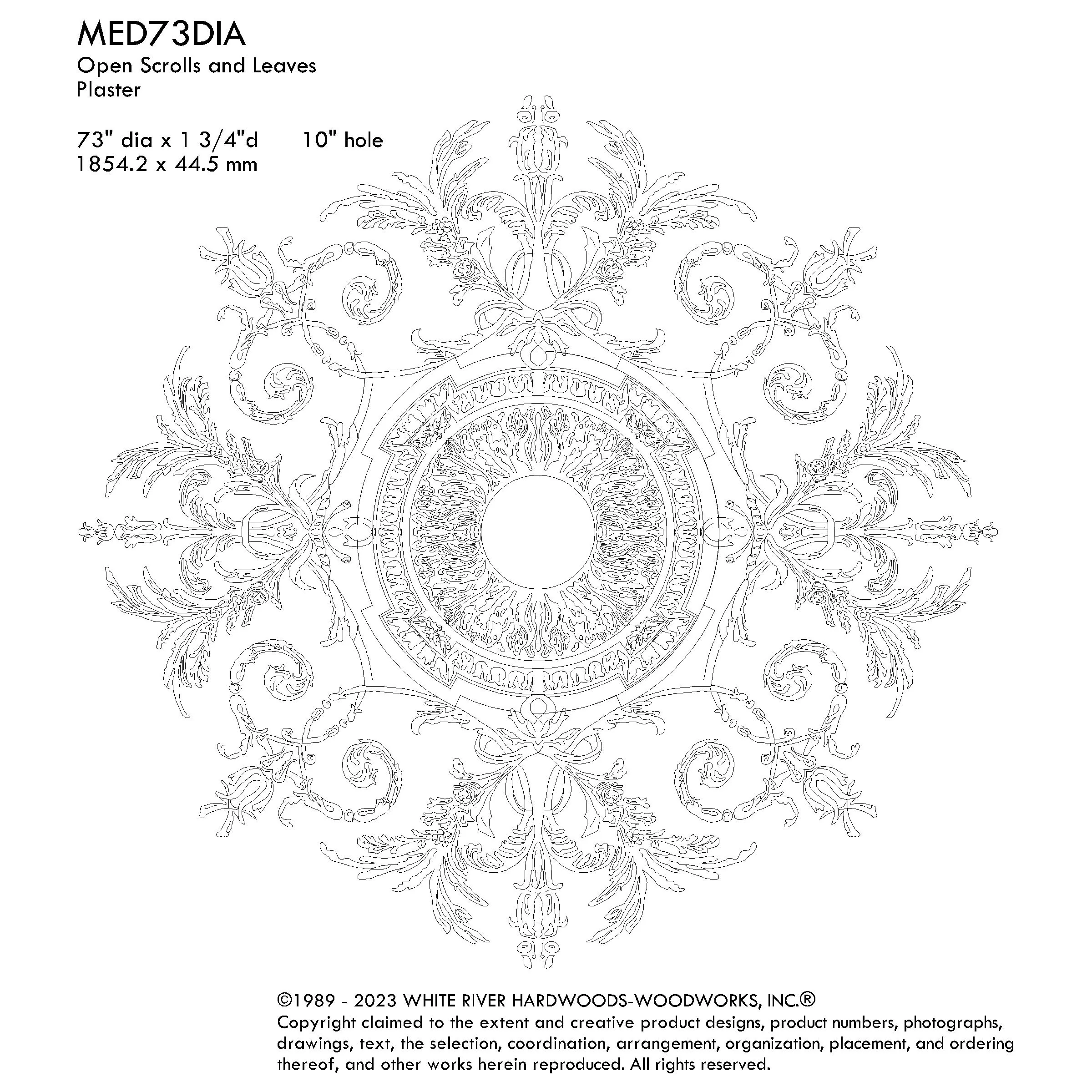 Open Scrolls and Leaves Medallion, 72'' dia x 1 3/4"d, 5 pieces, 10'' center hole, Plaster - Image 3