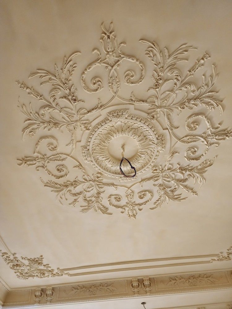 Open Scrolls and Leaves Medallion, 72'' dia x 1 3/4"d, 5 pieces, 10'' center hole, Plaster - Image 4