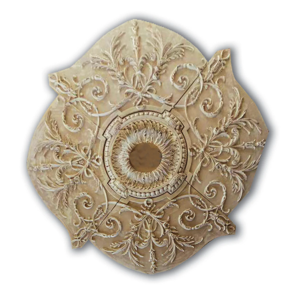 Open Scrolls and Leaves Medallion, 72'' dia x 1 3/4"d, 5 pieces, 10'' center hole, Plaster - Image 5