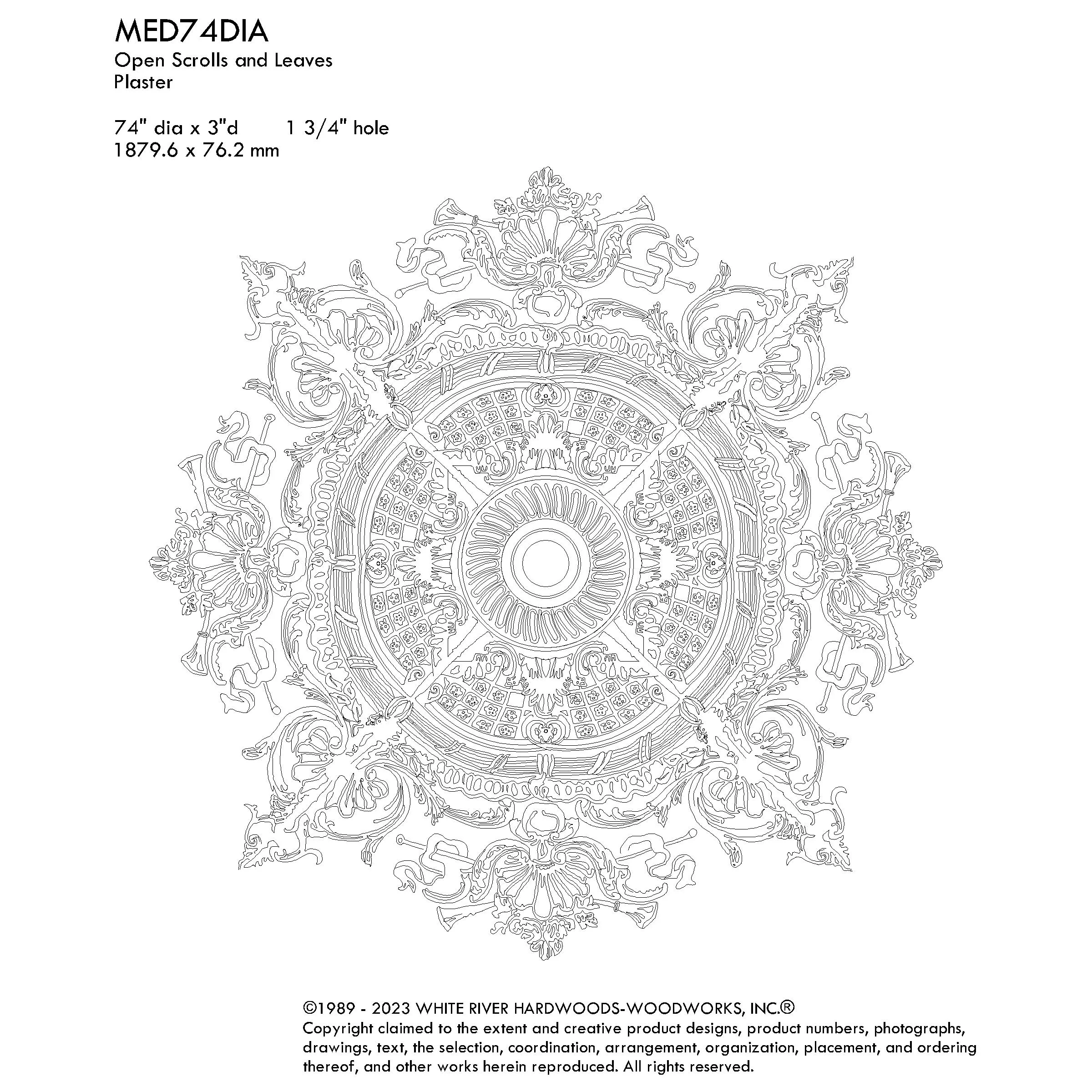 Fret, Plumes, and Ribbons Medallion, 74'' dia x 3"d, 4 pieces, 1.75'' center hole, Plaster - Image 3