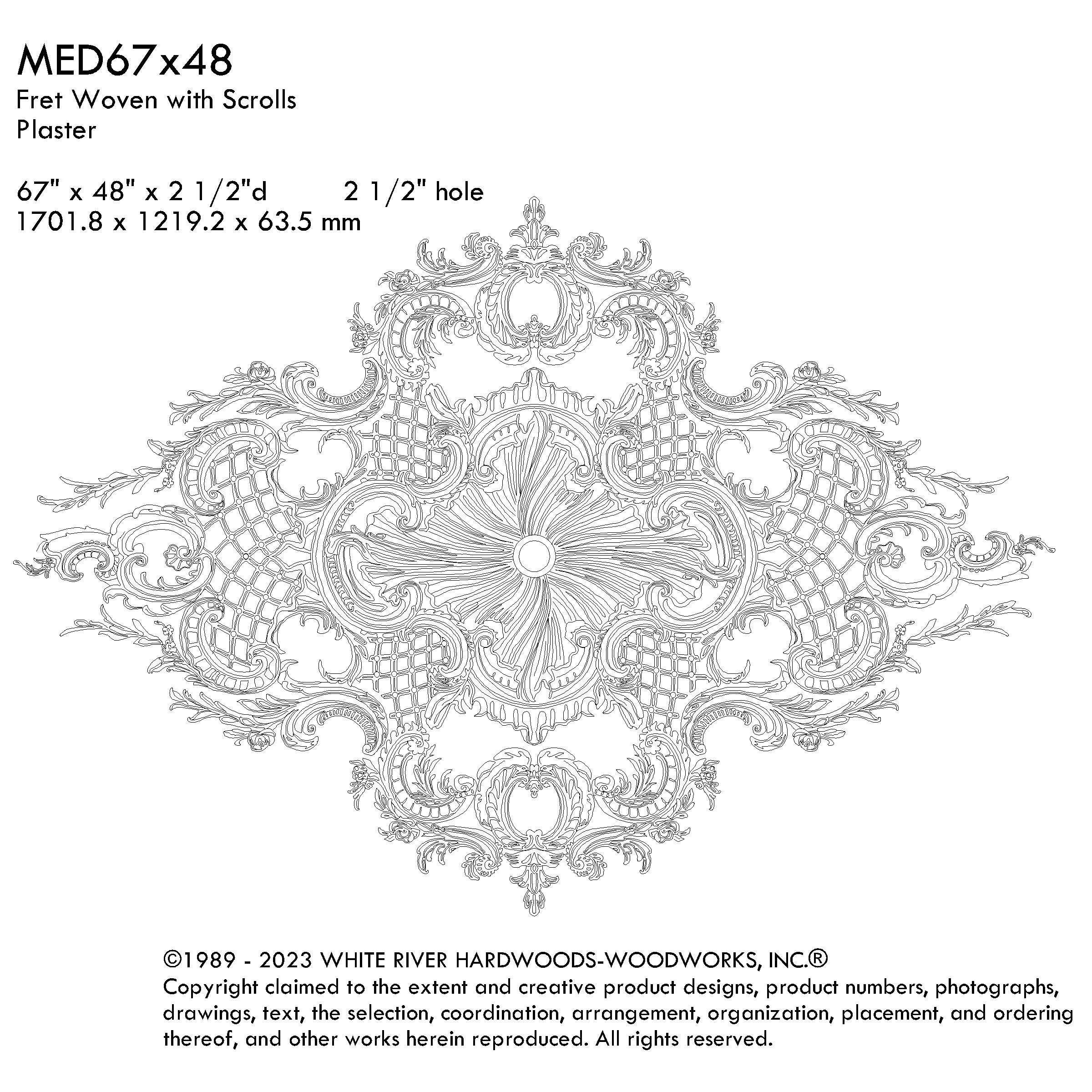Fret Woven with Scrolls Medallion, 67'' x 48'' x 2.5"d, 5 pieces, 2.5'' center hole, Plaster - Image 3