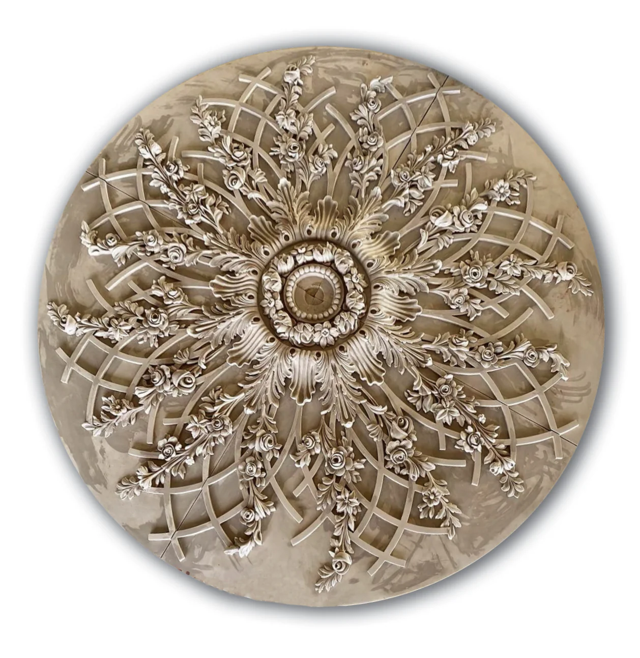 Grand Fret with Roses Medallion, 81'' dia x 3''d, 4 pieces, 6'' center hole, Plaster - Image 2