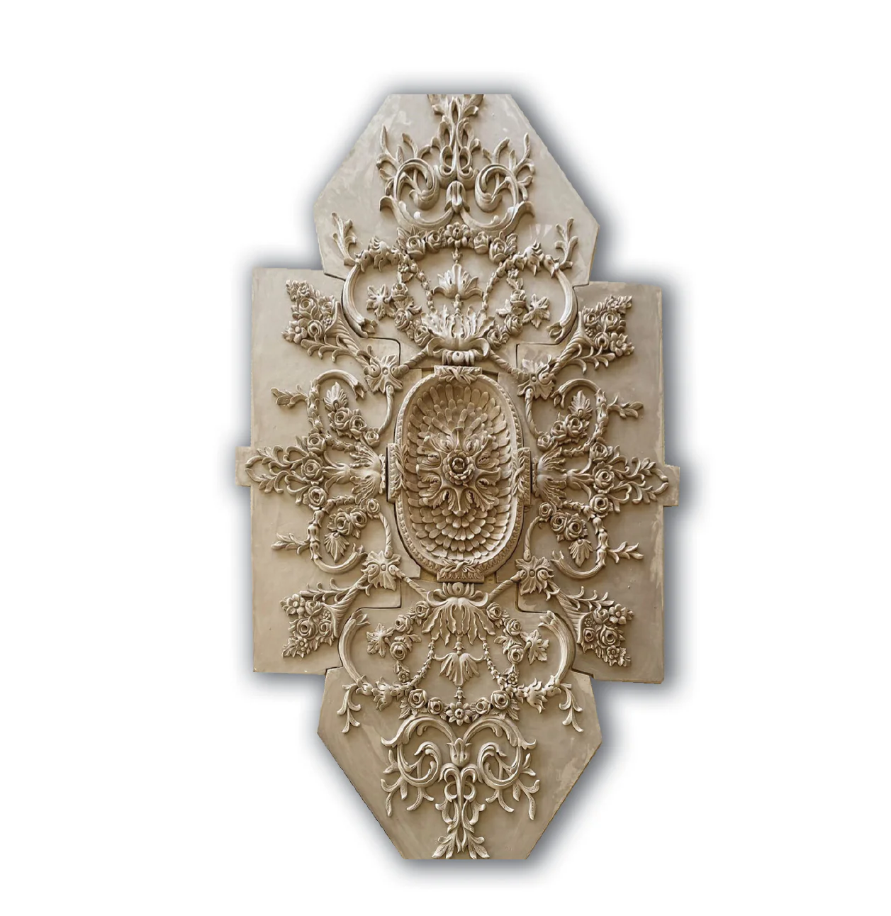 Grand Scroll with Roses Medallion, 96'' x 52'' x 2 3/4''d, 5 pieces, 3'' center hole, Plaster - Image 2