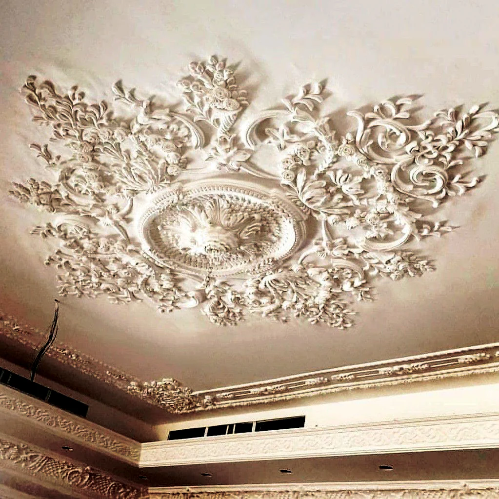Grand Scroll with Roses Medallion, 96'' x 52'' x 2 3/4''d, 5 pieces, 3'' center hole, Plaster - Image 3
