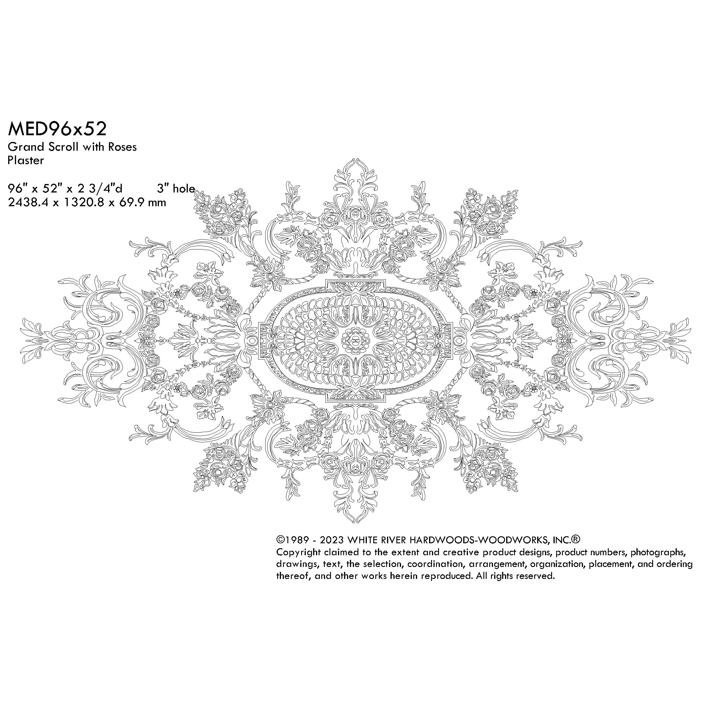 Grand Scroll with Roses Medallion, 96'' x 52'' x 2 3/4''d, 5 pieces, 3'' center hole, Plaster - Image 6