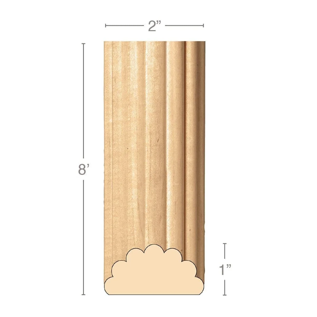 Large Reeded Half Round Lineal, 2"w x 1"d x 8' length, Resin is priced per 8' length