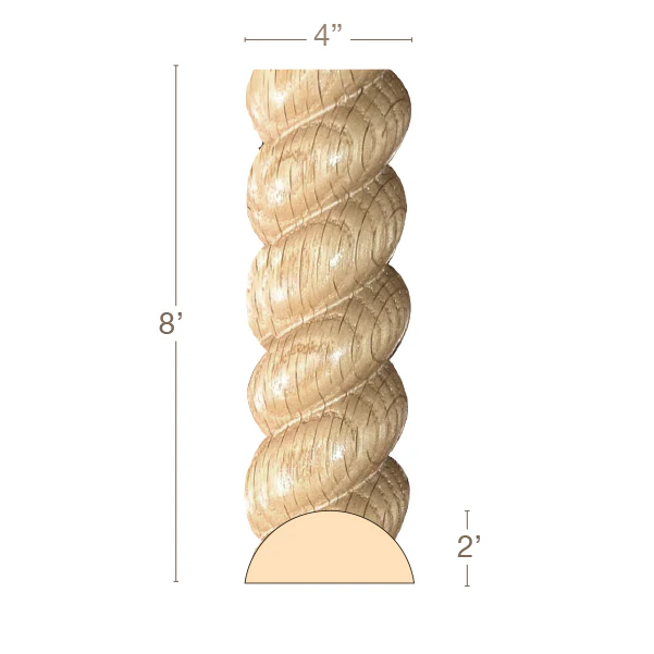 Large Rope Moulding, 4"w x 2"d x 8' length, Sold in pairs, Resin is priced per 8' length