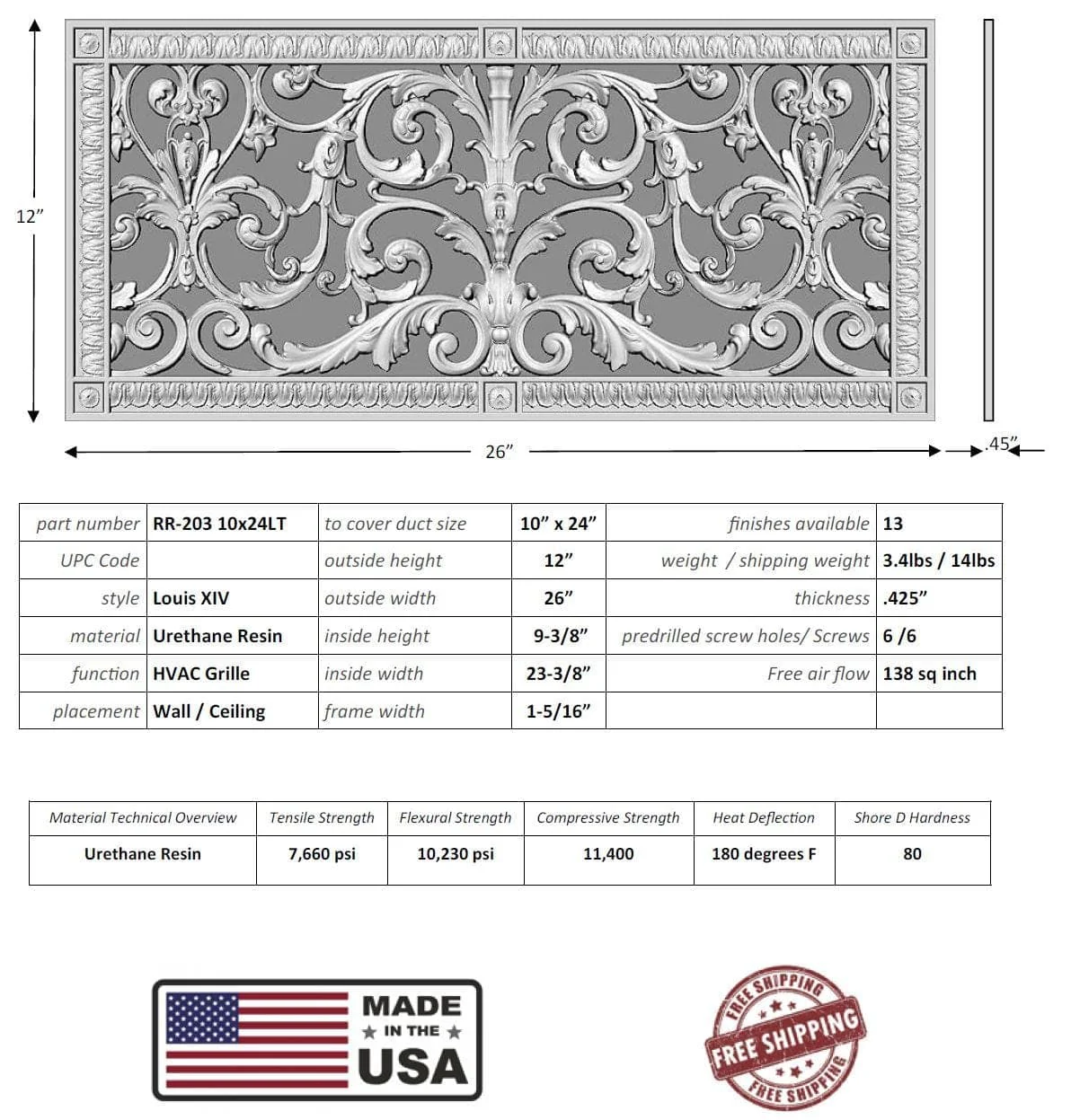 Louis XIV style grille for Duct Size of 10"- Please allow 1-2 weeks. - Image 6