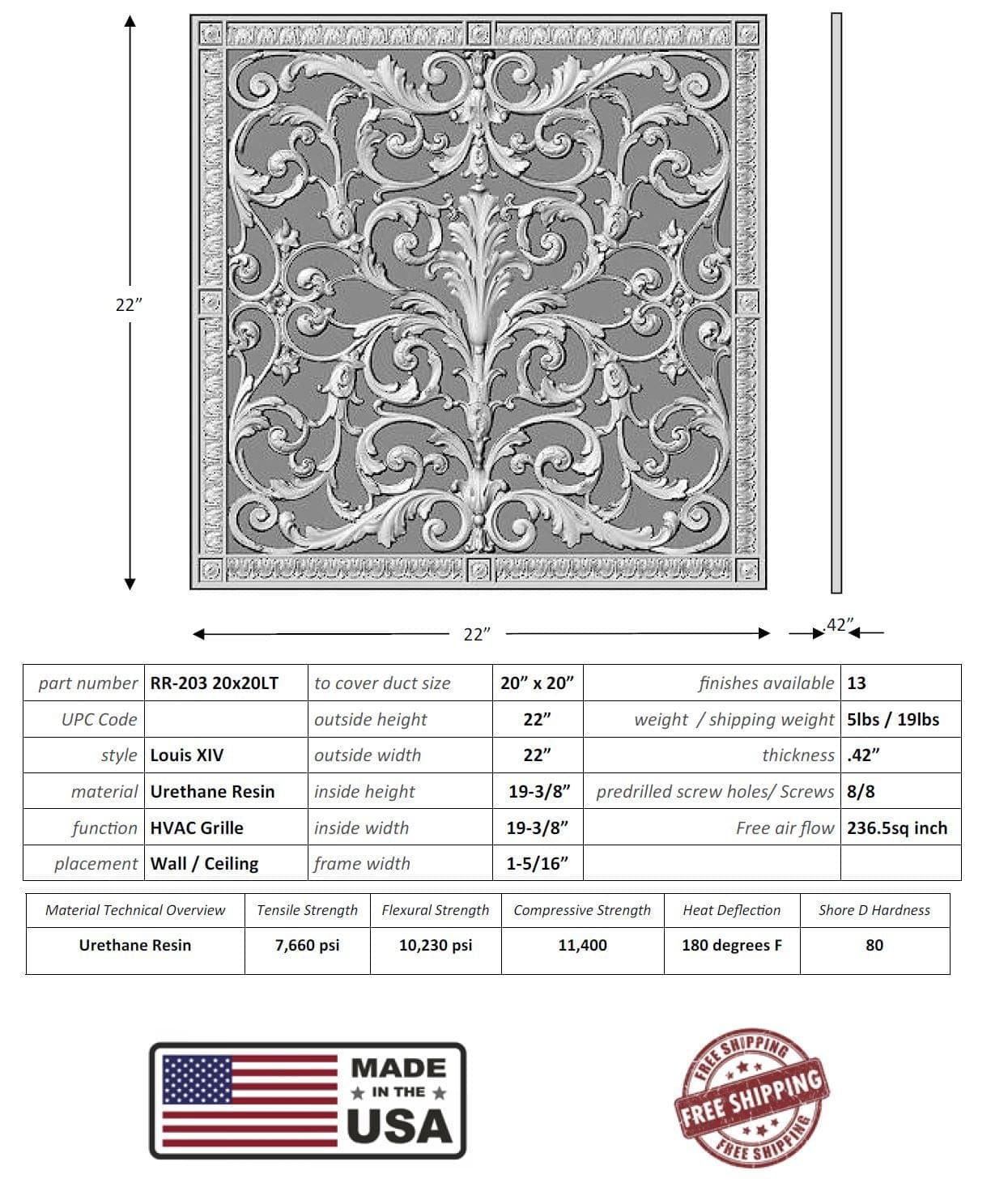 Louis XIV style grille for Duct Size of 20"- Please allow 1-2 weeks. - Image 3