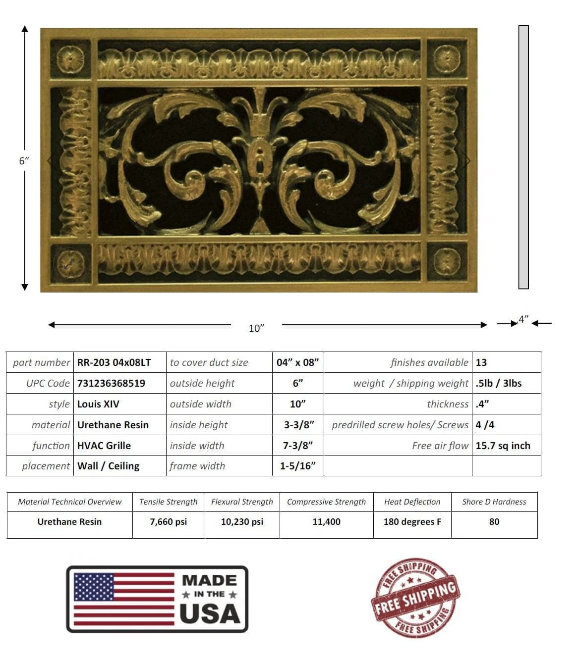 Louis XIV style grille for Duct Size of 4"- Please allow 1-2 weeks. - Image 14