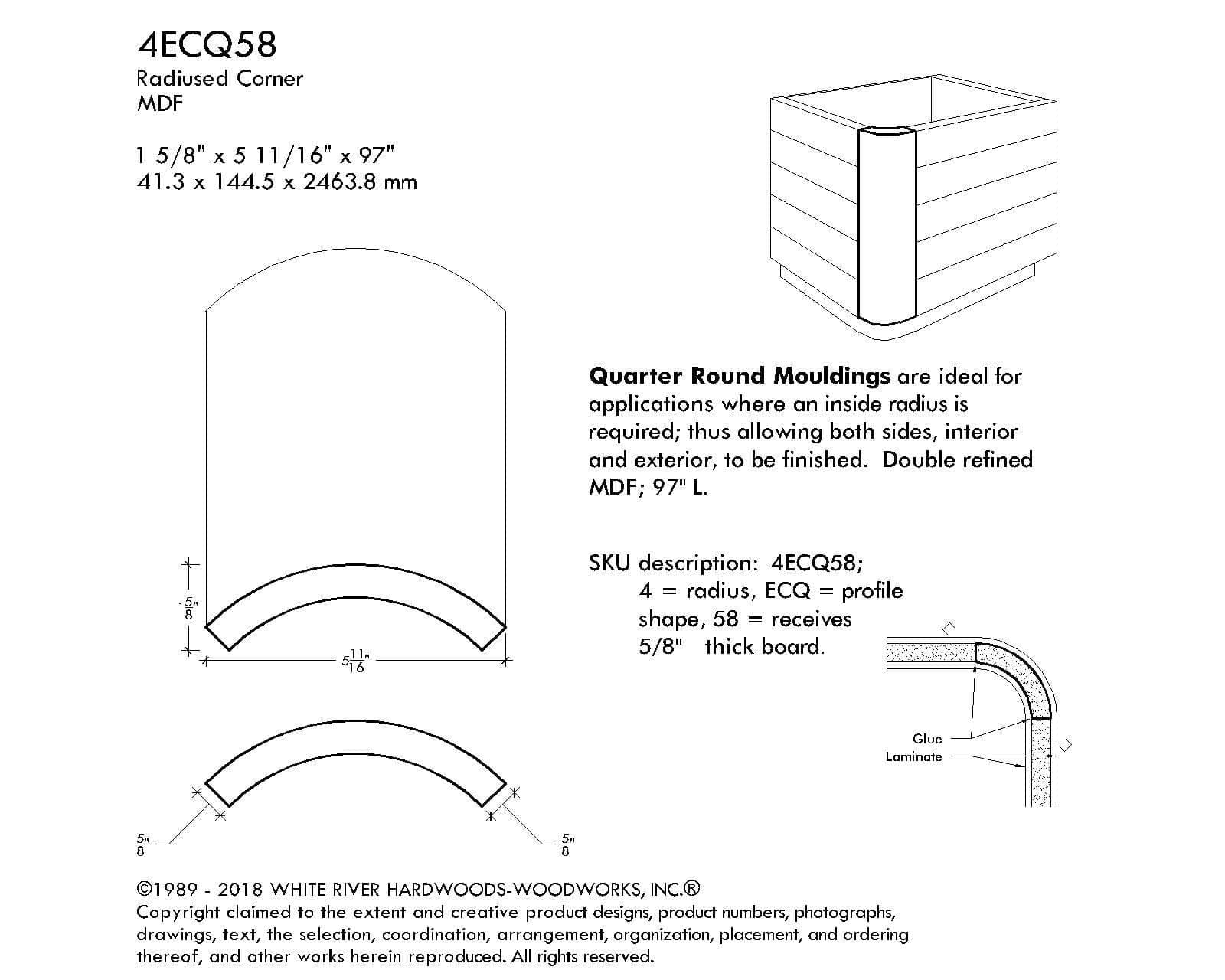 MDF Radius Corners, 4 Econo Qtr Rnd (accepts 5/8" plywood), 4" Radius, 5 11/16"W x 1 5/8"D x 97"L - Image 3