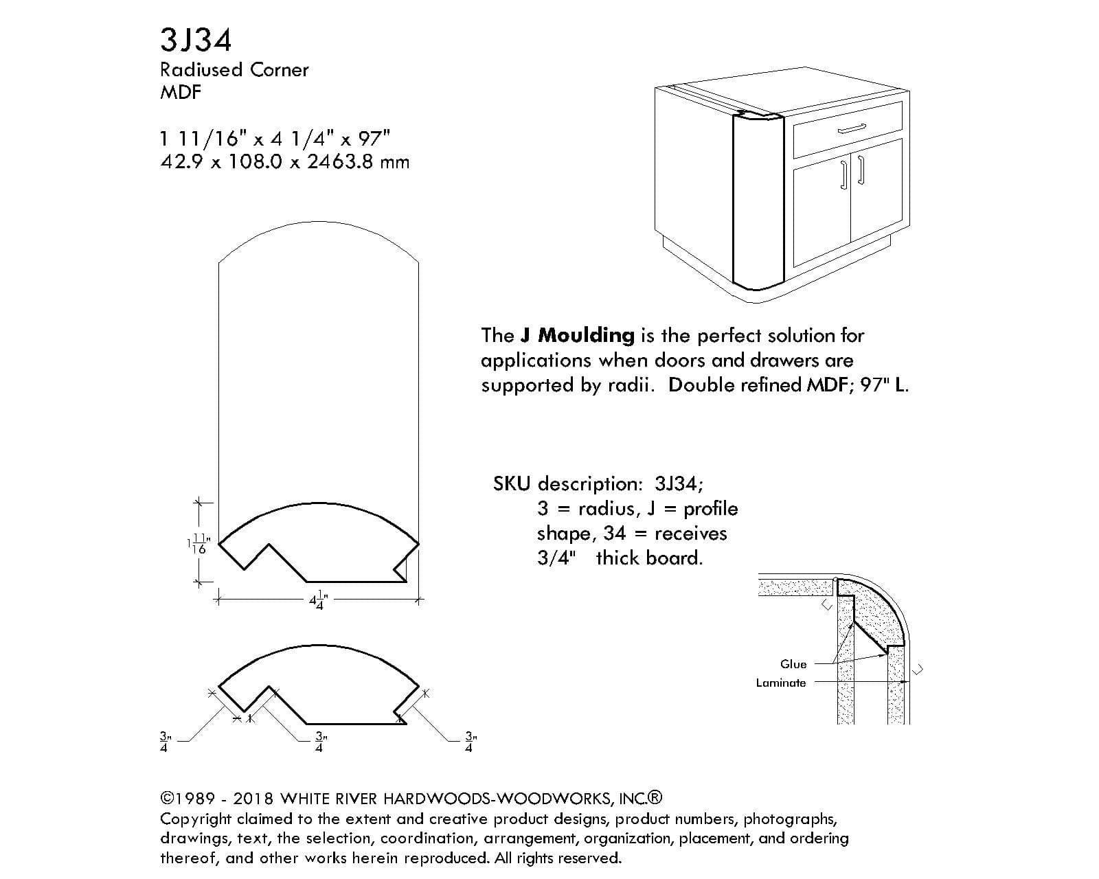 MDF Radius Corners, J Corner (accepts 3/4" plywood), 3" Radius, 4 1/4"W x 1-11/16"D x 97"L - Image 3