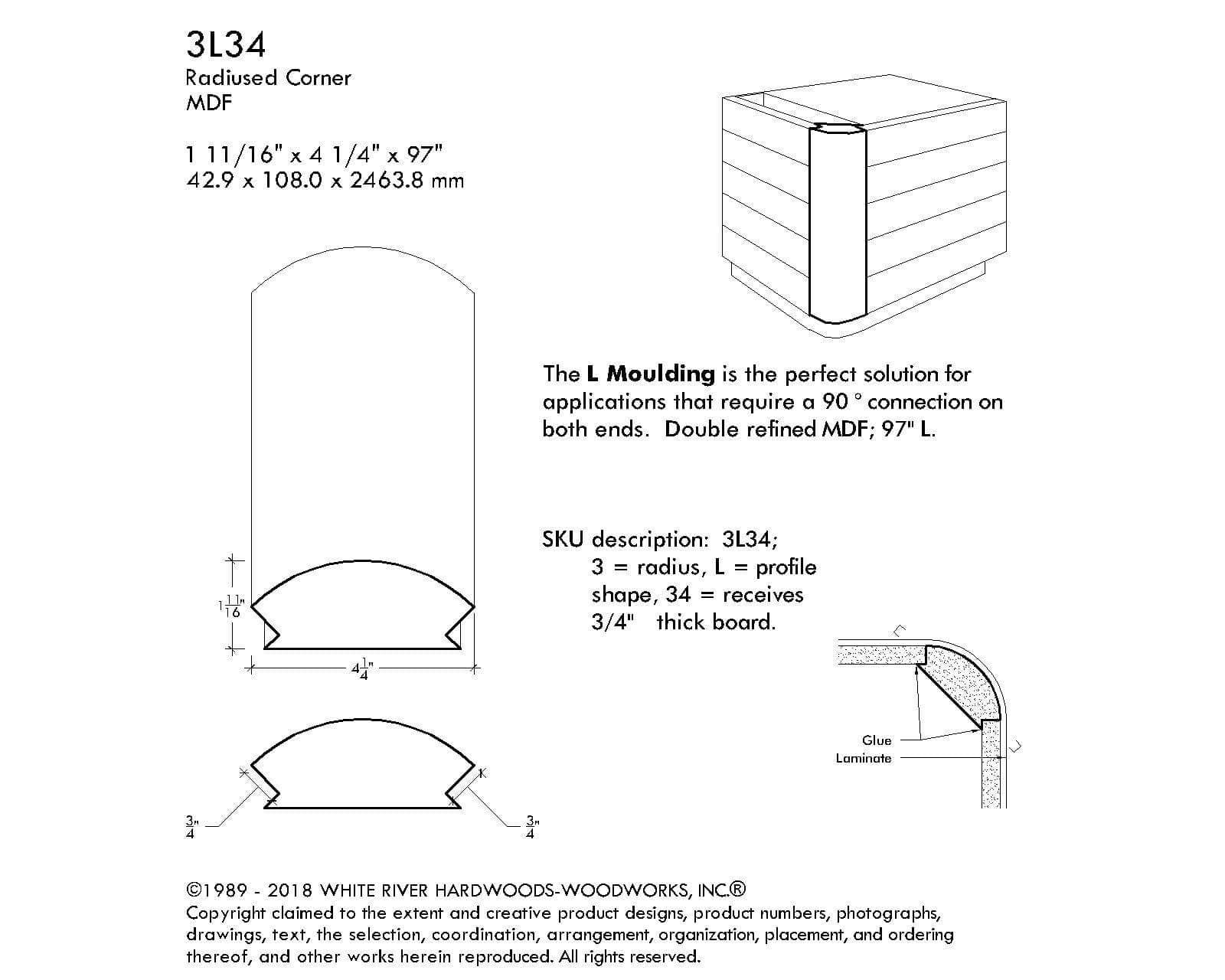 MDF Radius Corners, L Corner (accepts 3/4" plywood), 3" Radius, 4 1/4"W x 1-11/16"D x 97"L - Image 3