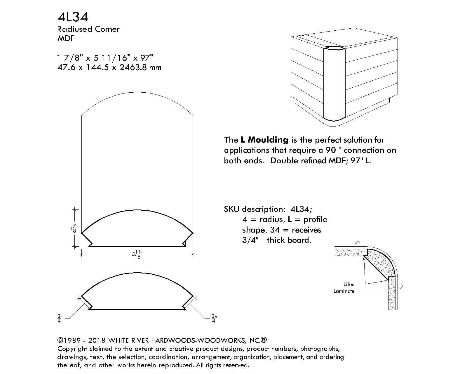 MDF Radius Corners, L Corner (accepts 3/4" plywood), 4" Radius, 5 11/16"W x 1 7/8"D x 97"L - Image 3
