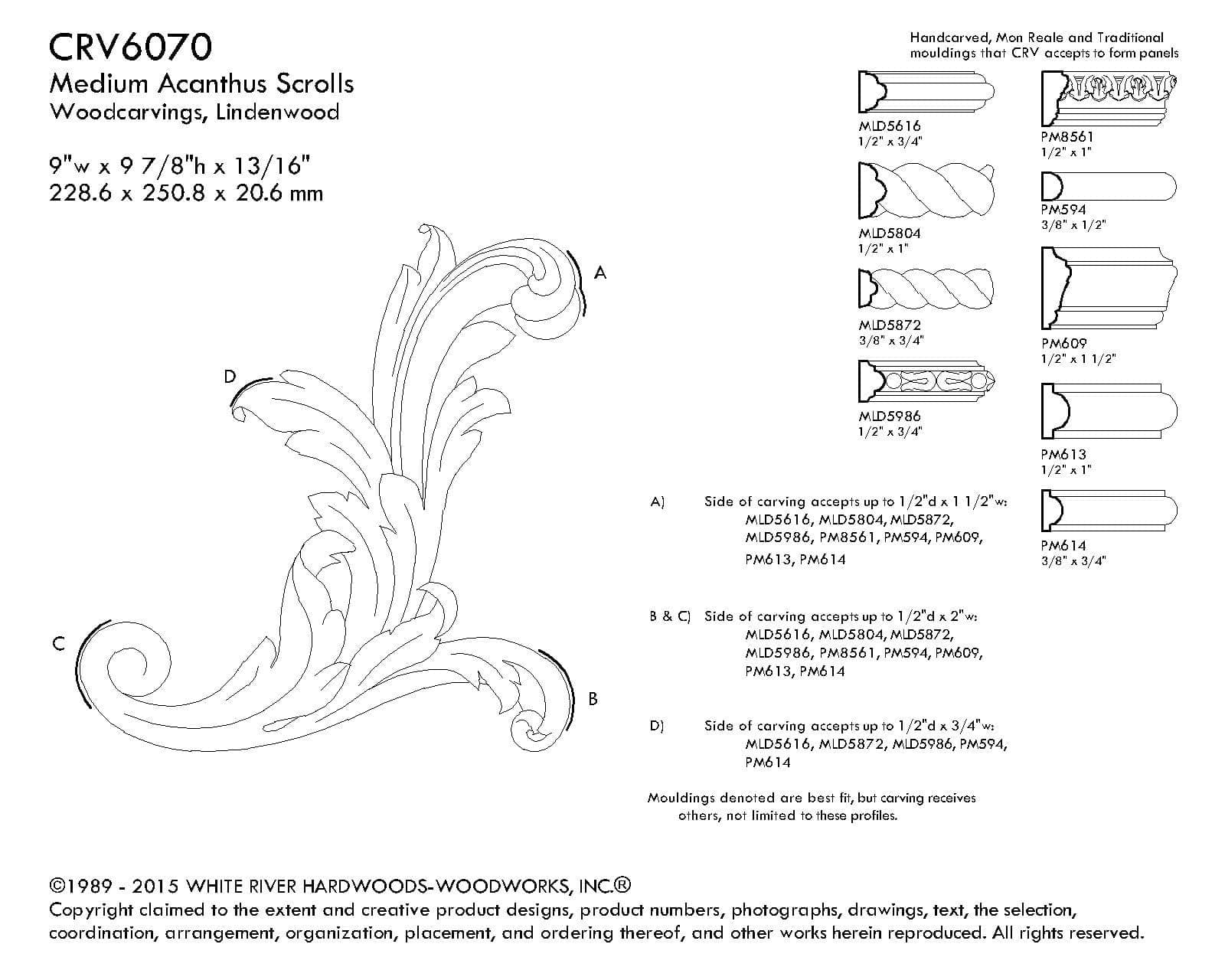Med Acanthus Scrolls, 9w x 9 7/8h x 13/16d, 1 pair L/R - Image 2