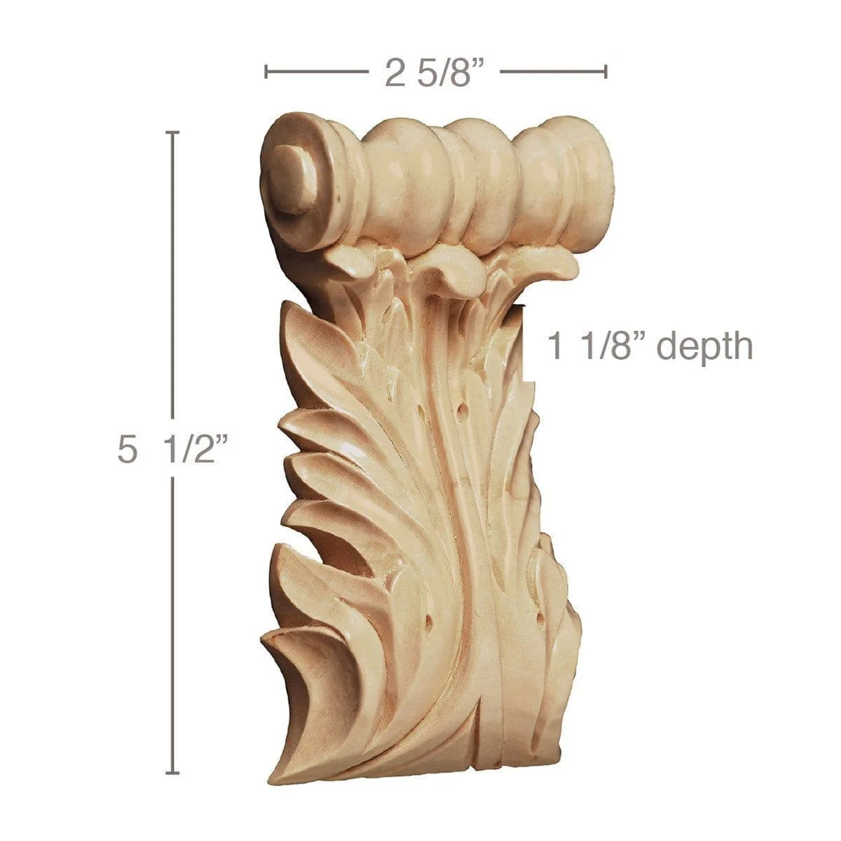 Medium Acanthus Spool Corbel, (Sold 2 per card, complements med capitals and 5 1/4" friezes) 2 5/8''w x 5 1/2''h x 1 1/8''d