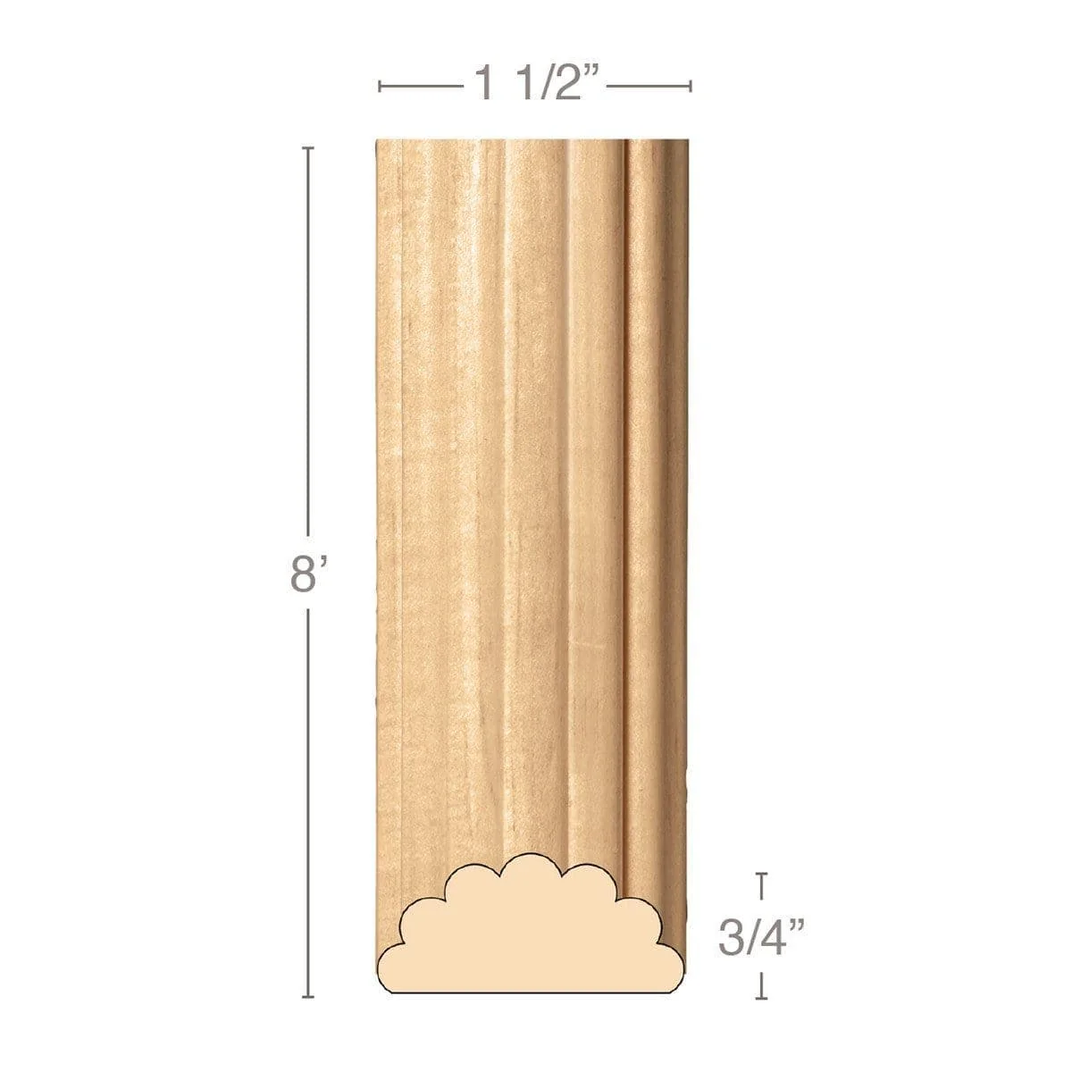 Medium Reeded Half Round Lineal, 1 1/2"w x 3/4"d x 8' length, Resin is priced per 8' length