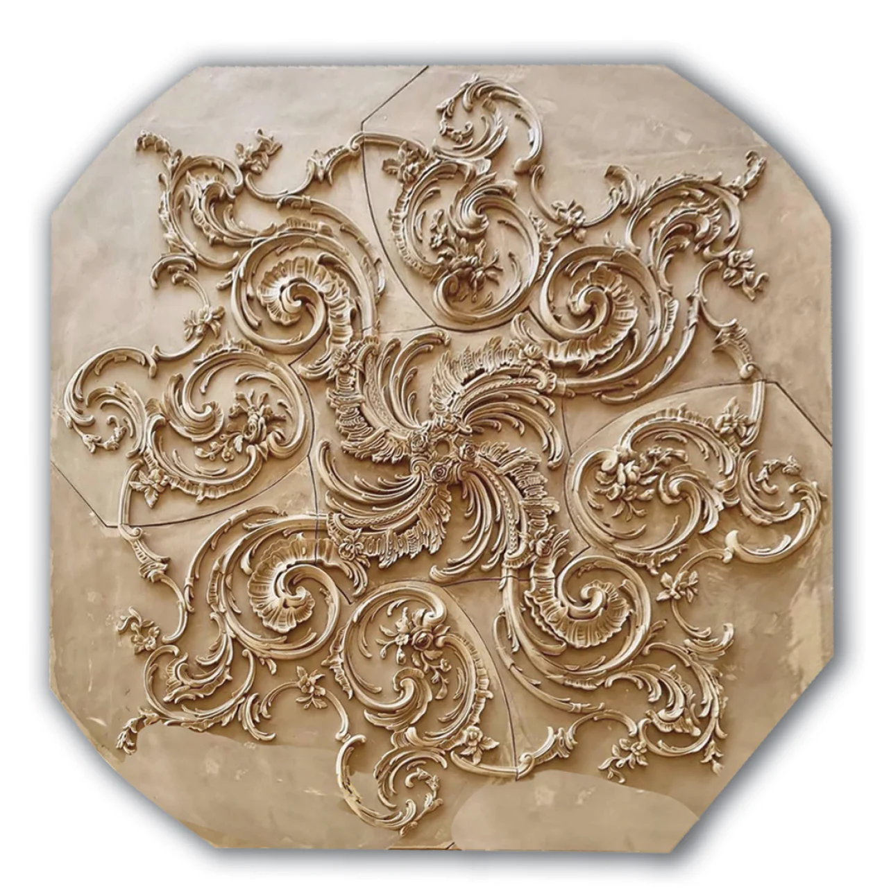 Rinceau Scrolls and Floral Medallion, 110'' dia x 2 3/4''d, 5 pieces, 2 1/2'' center hole, Plaster - Image 2