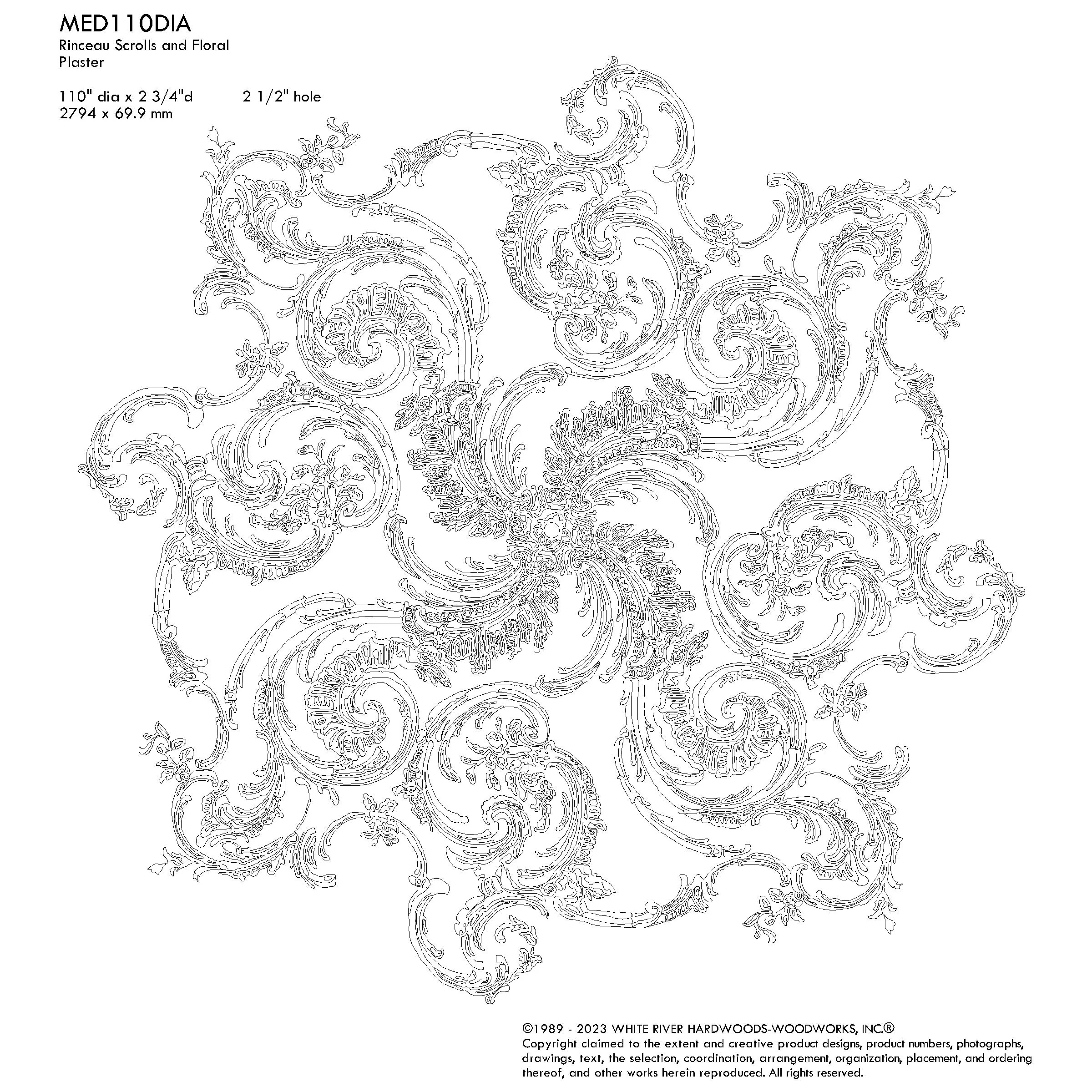 Rinceau Scrolls and Floral Medallion, 110'' dia x 2 3/4''d, 5 pieces, 2 1/2'' center hole, Plaster - Image 4