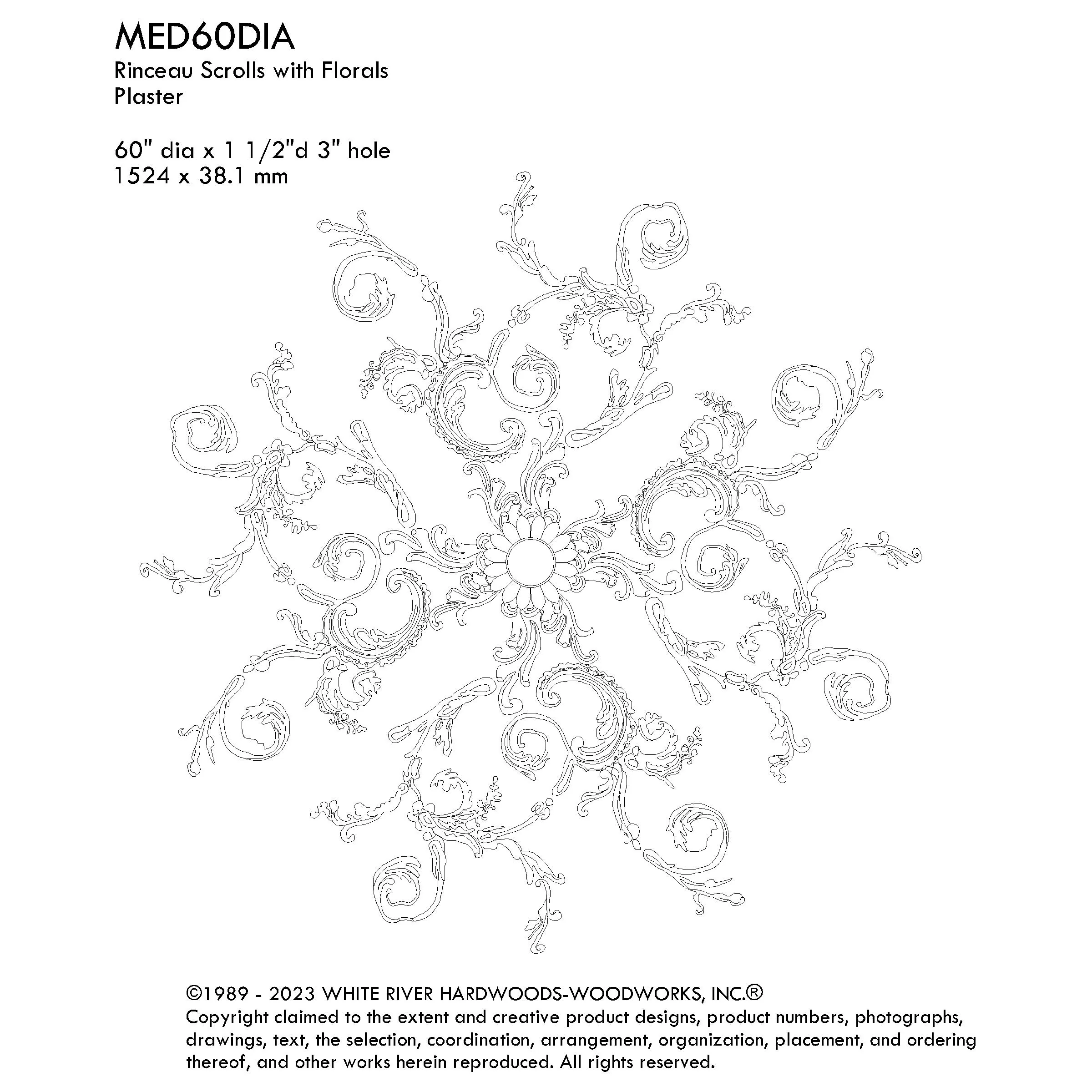 Rinceau Scrolls with Floral Medallion, 60'' dia x 1 1/2"d, 4 pieces, 3'' center hole, Plaster - Image 3