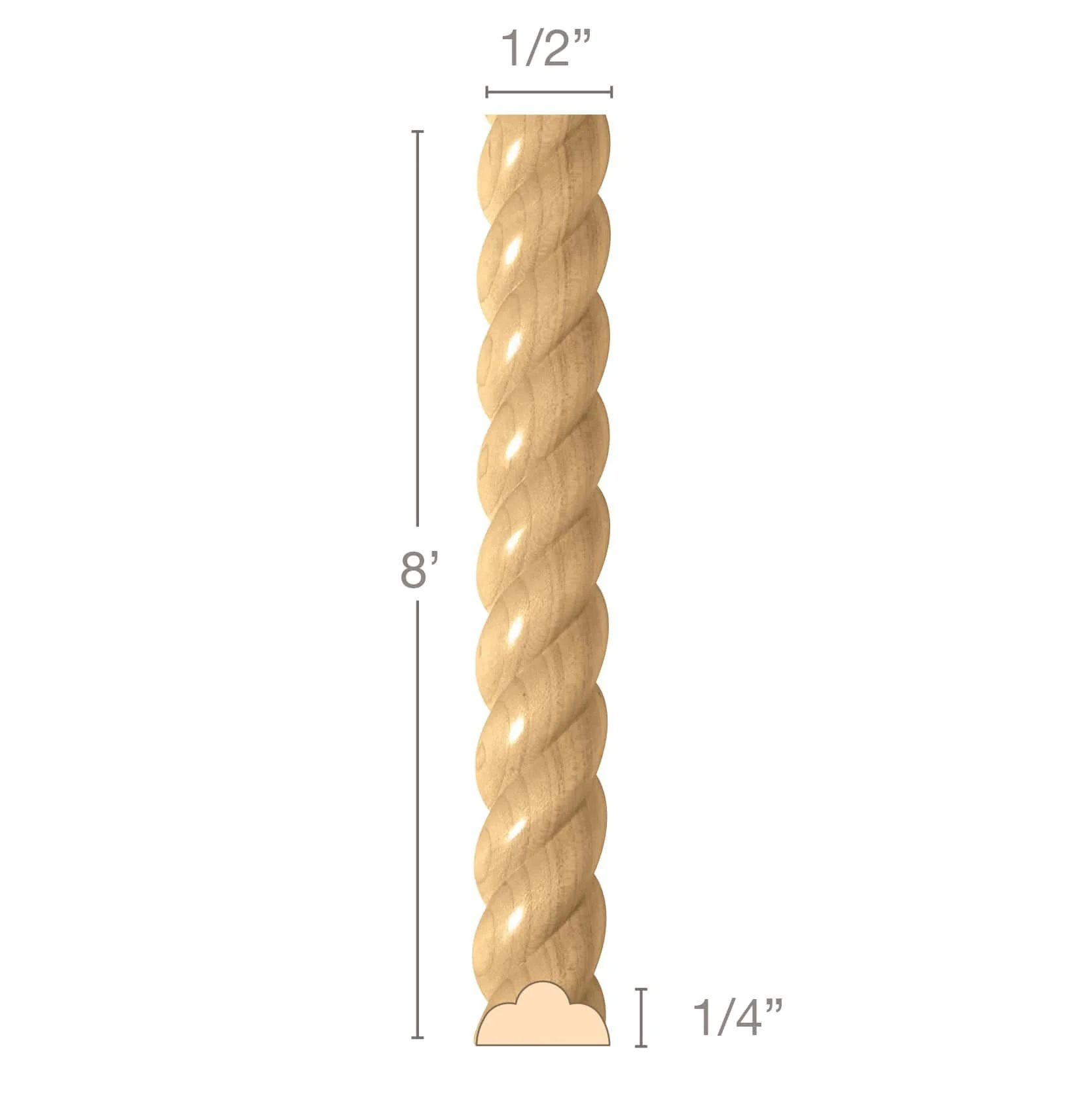 Rope Half Round, 1/2"w x 1/4"d x 8' length, Resin is priced per 8' length