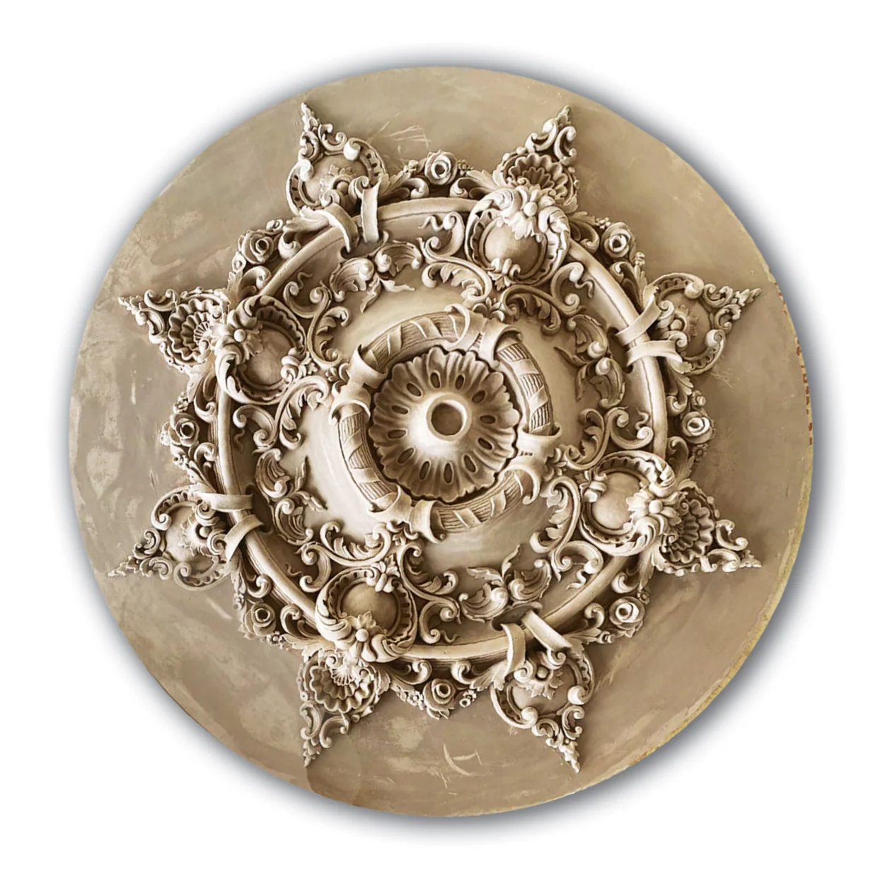 Shells and Bellflowers Medallion, 37'' dia x 2 3/4"d, 1 piece, 3'' center hole, Plaster - Image 2
