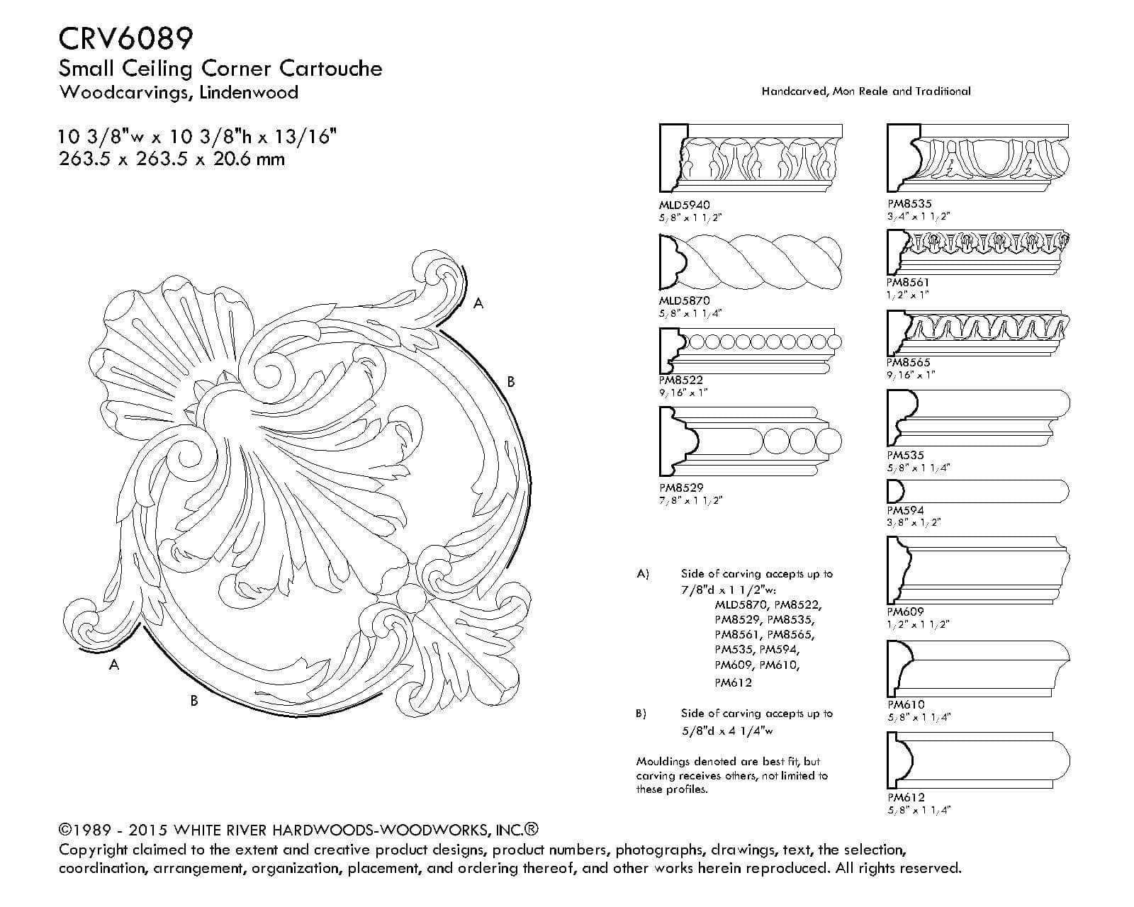 Small Ceiling Cartouche, 12"w x 12 5/8"h x 13/16"d, Lindenwood - Image 2