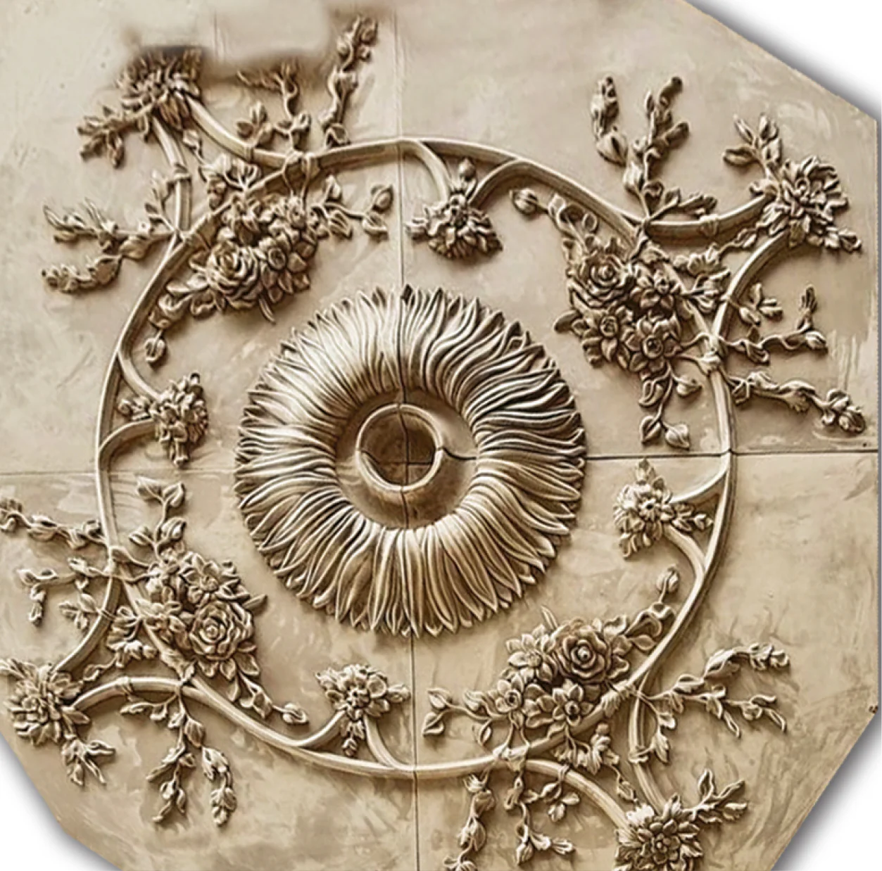 Vases with Roses Medallion, 84'' dia x 3''d, 4 pieces, 4'' center hole, Plaster