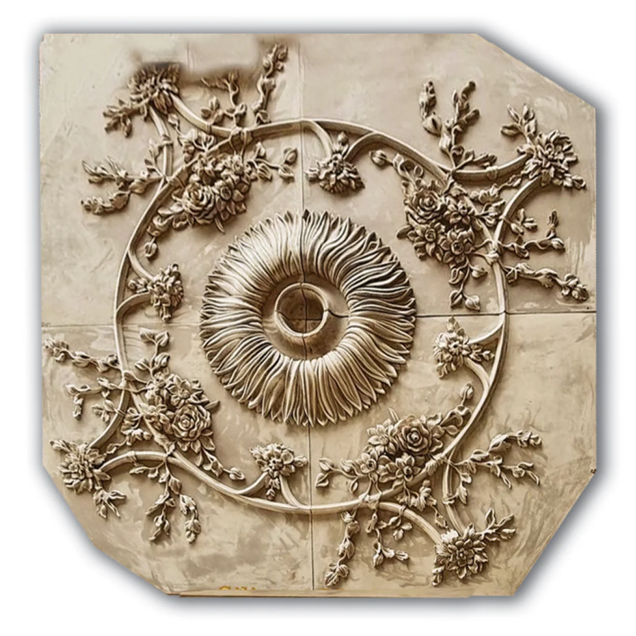 Vases with Roses Medallion, 84'' dia x 3''d, 4 pieces, 4'' center hole, Plaster - Image 3