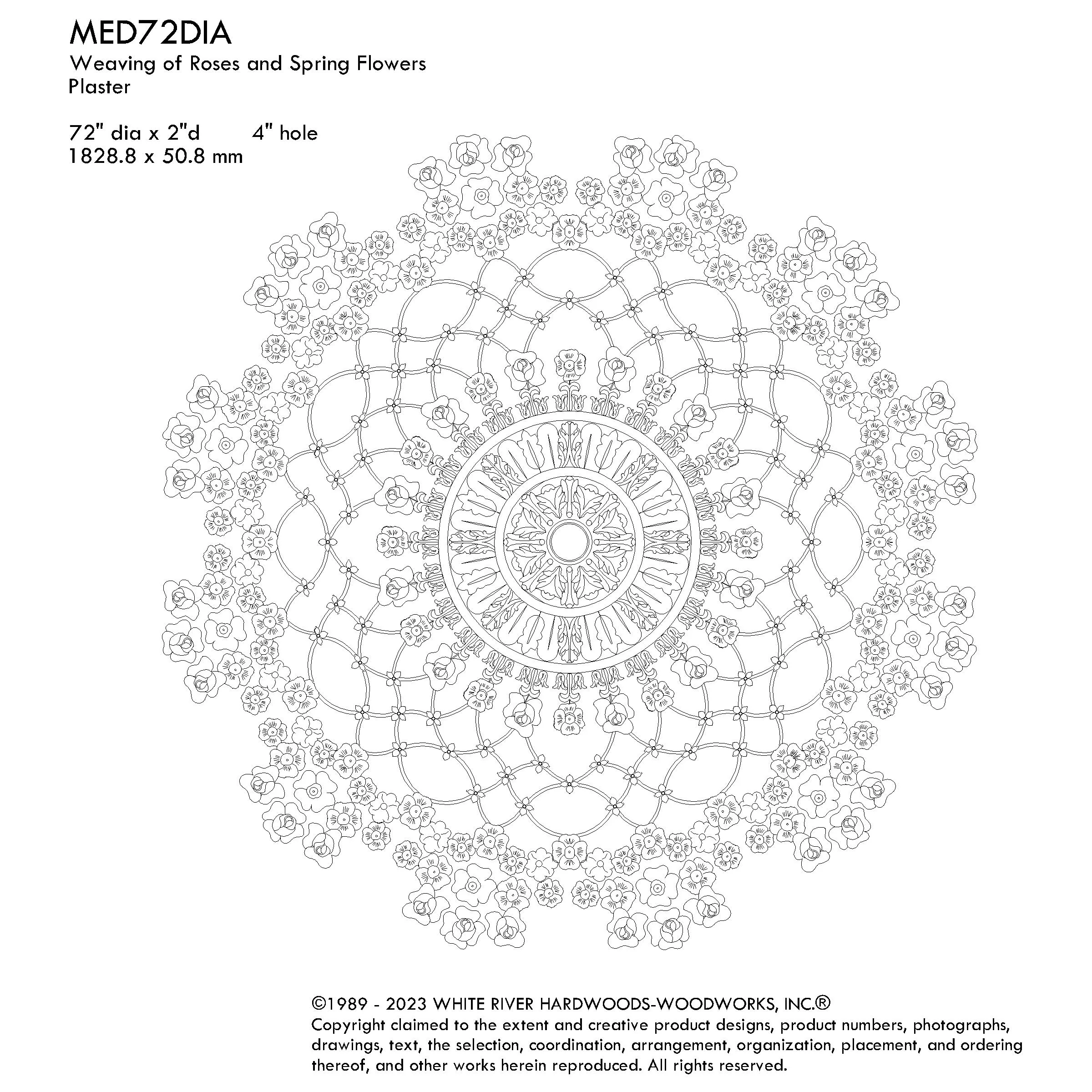 Weaving of Roses & Spring Flowers Medallion, 72'' dia x 2"d, 4 pieces, 4'' center hole, Plaster - Image 3